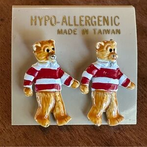 SALE 2/15 Vintage 80's Bear Post Earrings - Red and White Striped Shirt Detail